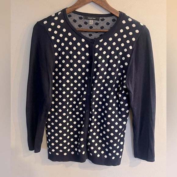 AUGUST SILK Women’s Navy Blue Polkadot Button Down Cardigan Sweater Size M - Picture 1 of 4